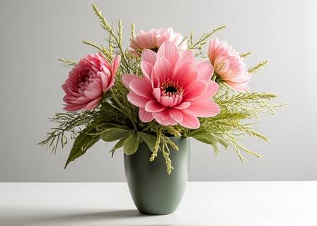 モダンな花瓶に生けられたユニークな花のアレンジメント